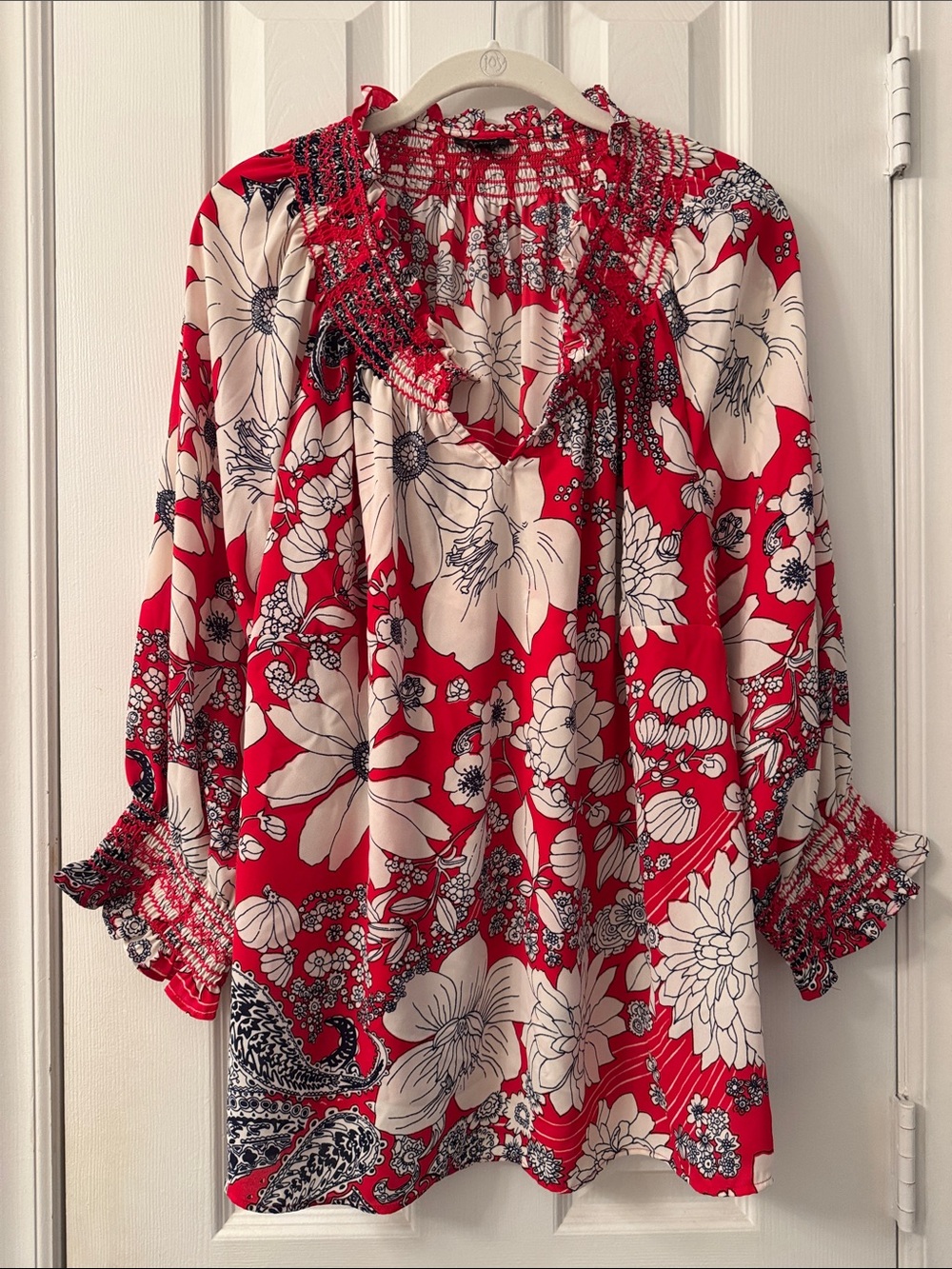 Talbots Red Floral Smocked Peasant Blouse